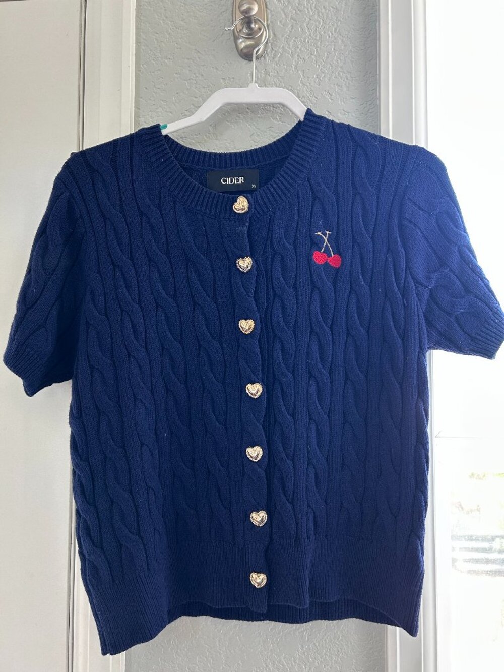 Cider Cherry Embroidered Cable Knit Cardigan Heart Buttons XL